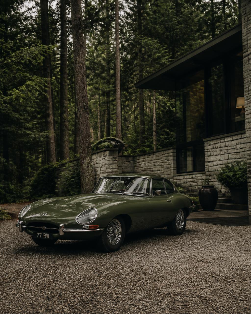 Classic green sports car at a forest villa